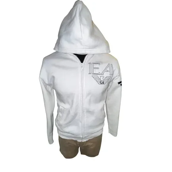 Emporio Armani Mens Size M White Zip Up Hoodie Logo Knit Sleeves